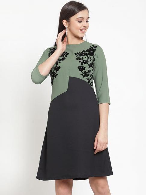 kassually olive & black floral print a line dress
