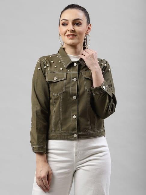 kassually olive cotton embellished denim jacket