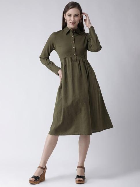 kassually olive cotton relaxed fit midi dress