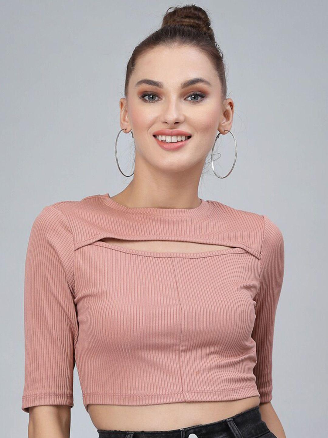 kassually peach-coloured ribbed cut out crop top