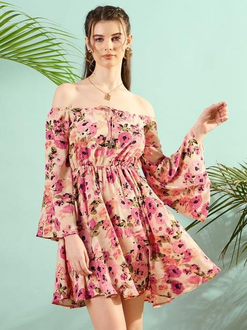 kassually peach floral print fit & flare dress