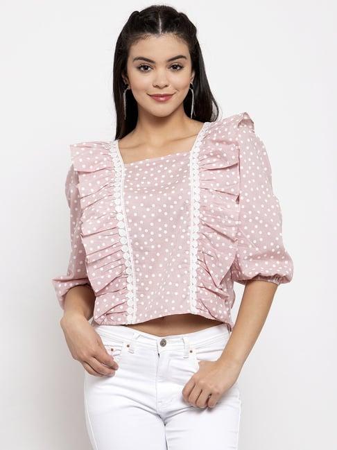 kassually pink & white cotton printed crop top