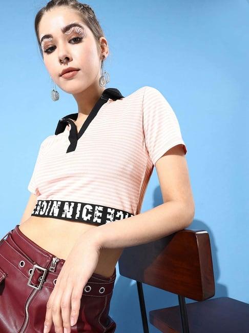 kassually pink cotton striped crop top