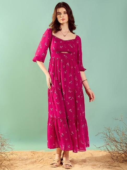 kassually pink printed tiered maxi dress