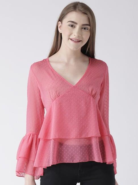 kassually pink self design peplum top