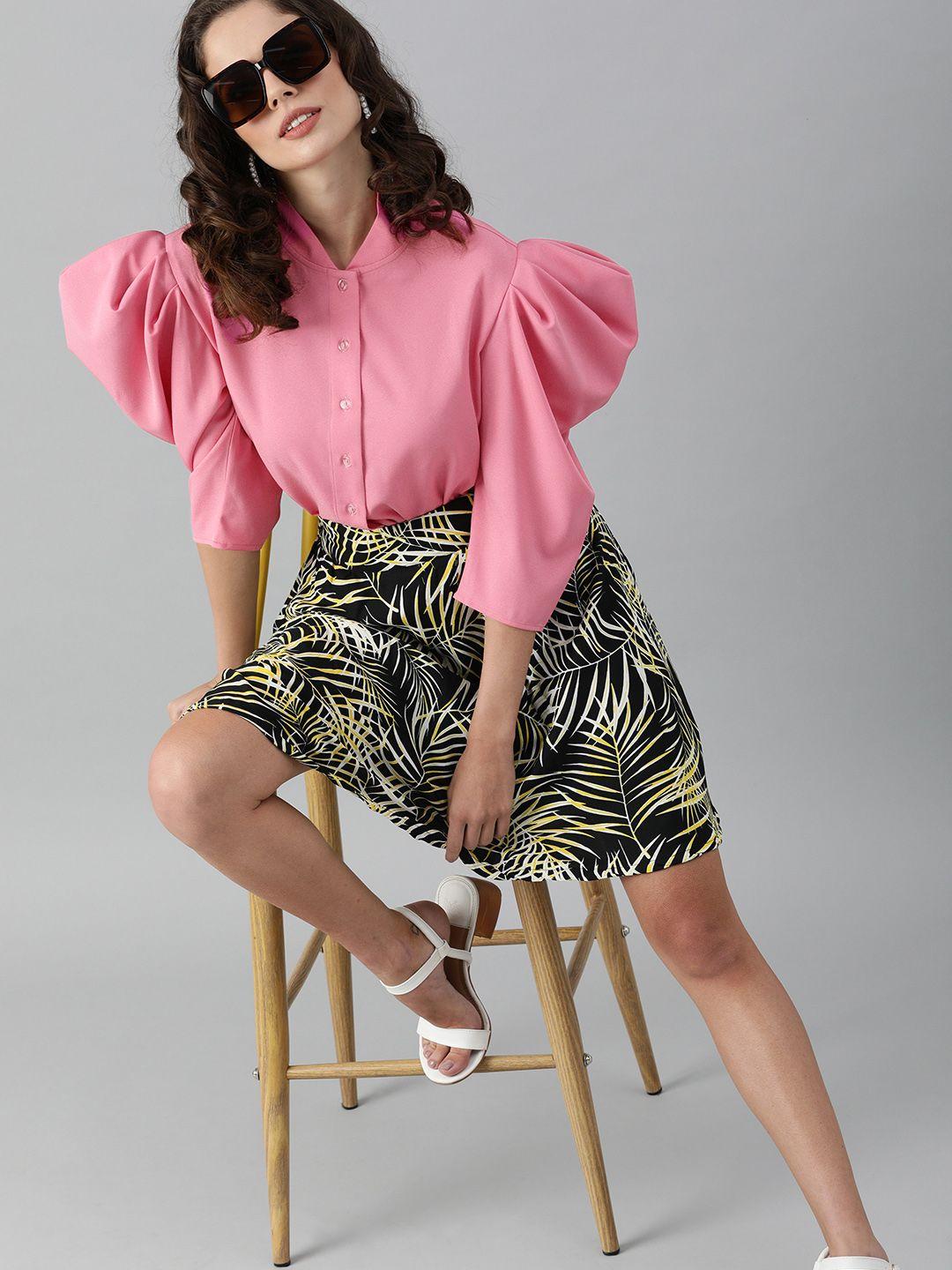 kassually pink solid mandarin collar puff sleeves shirt style crop top