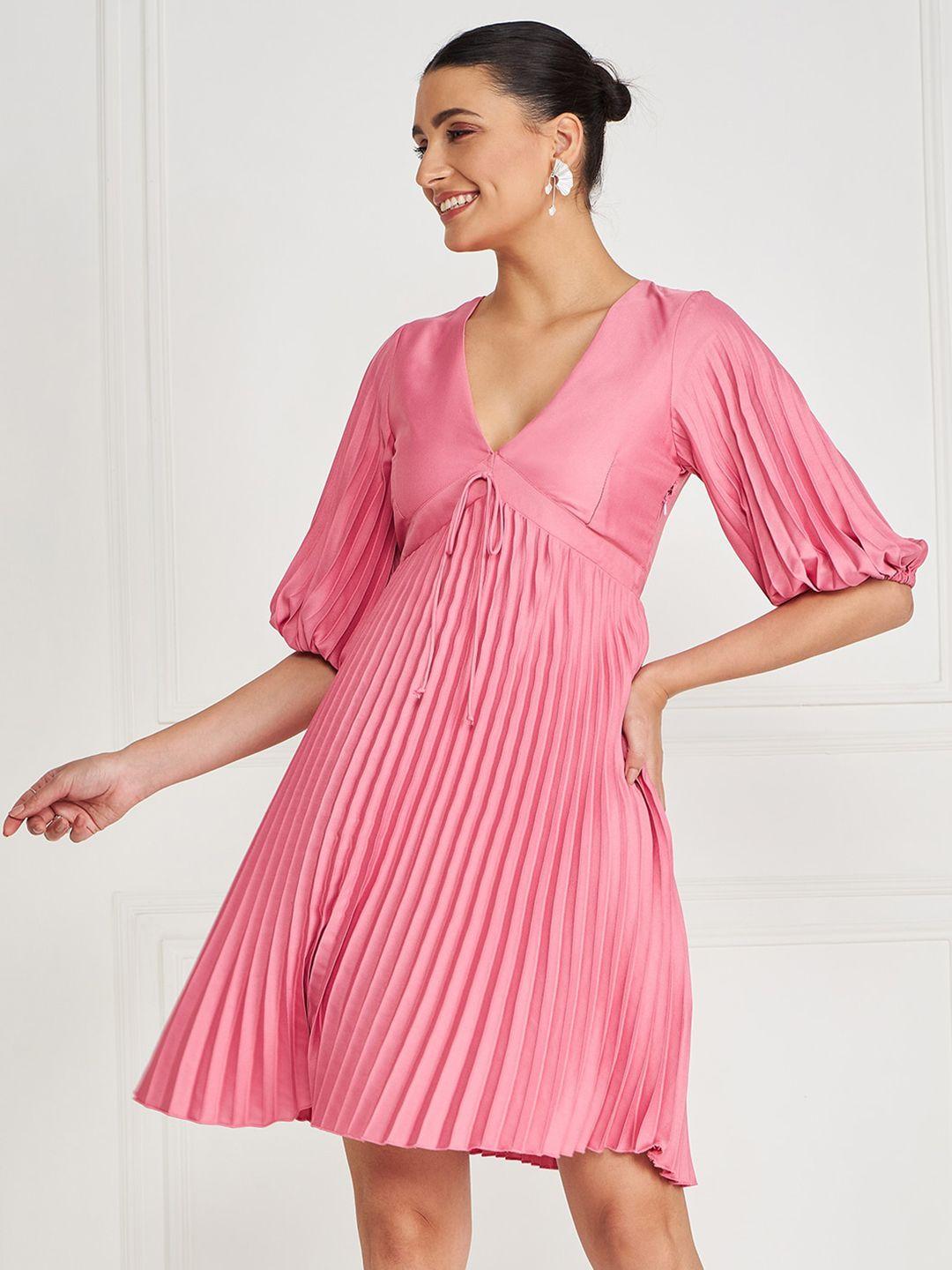 kassually pink v-neck puff sleeve a-line dress