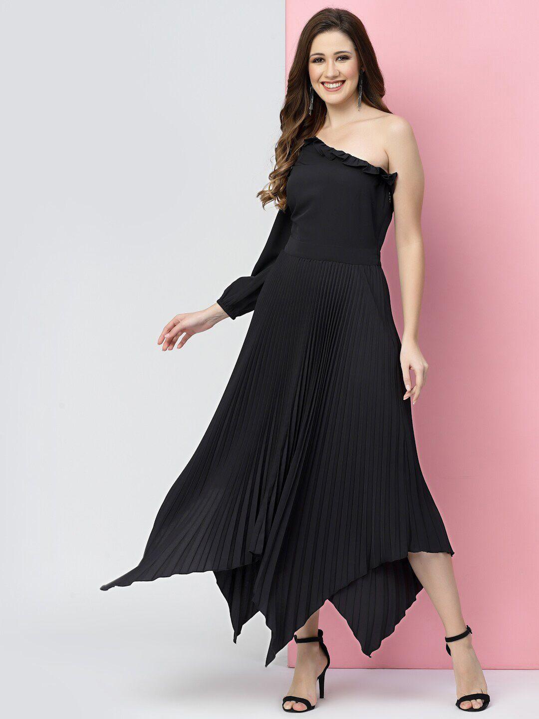 kassually pleated asymmetry one shoulder midi fit & flare dress