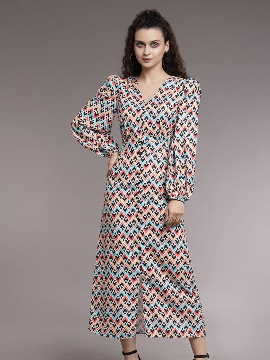 kassually printed v-neck puff sleeves a-line dress