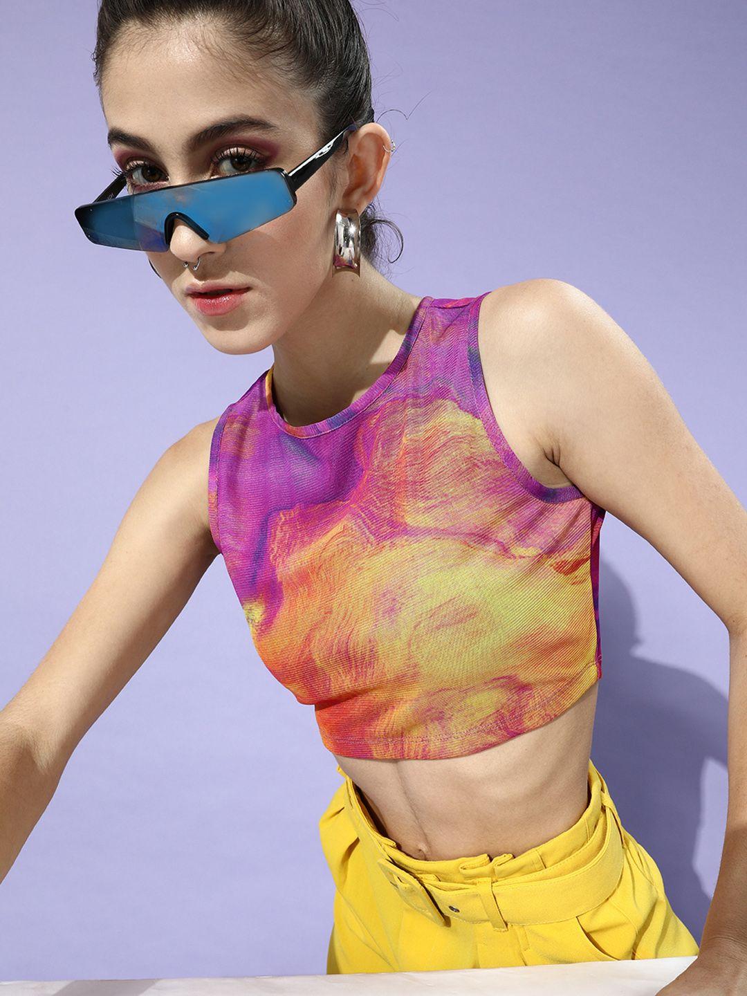 kassually purple & yellow tie and dye net fitted crop top
