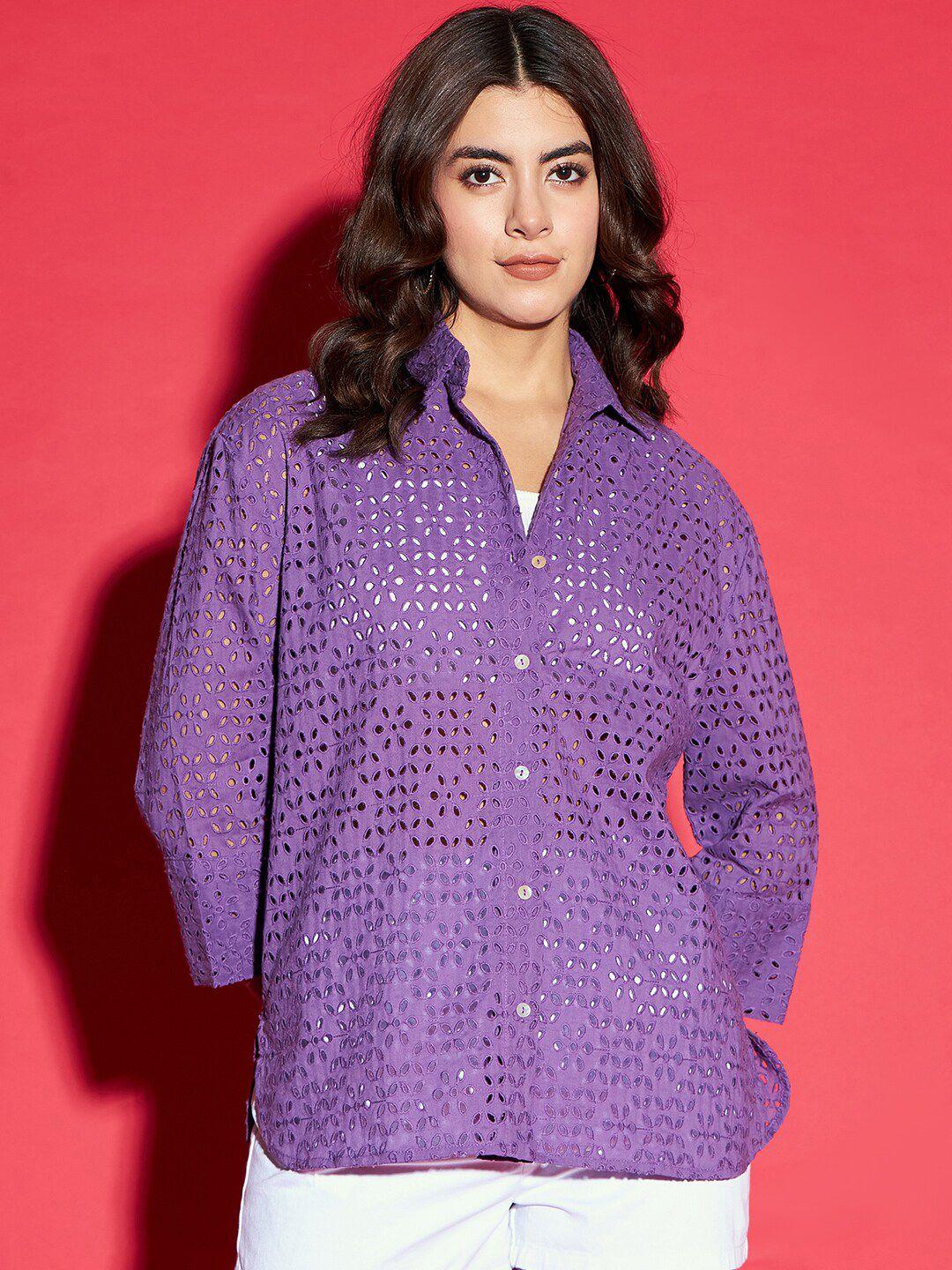 kassually purple self design cotton sheer oversized casual shirt