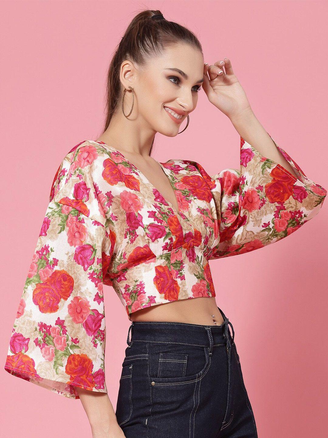 kassually red & green floral print wrap crop top