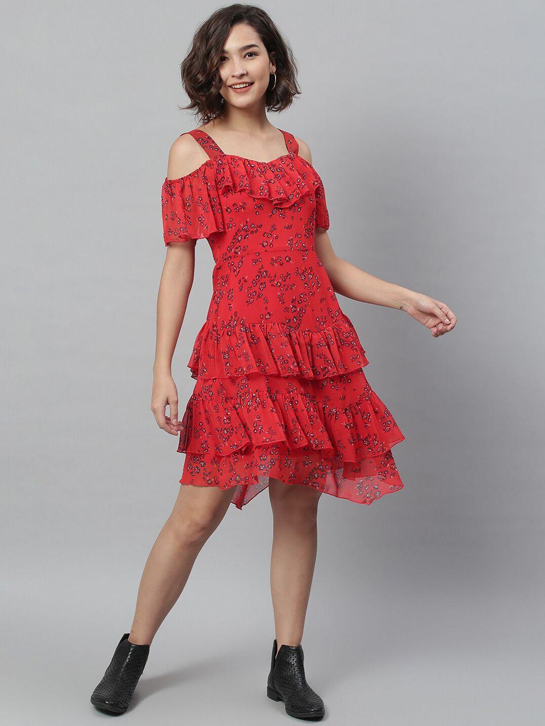 kassually red floral georgette dress