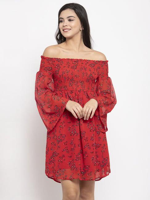 kassually red floral print fit & flare dress