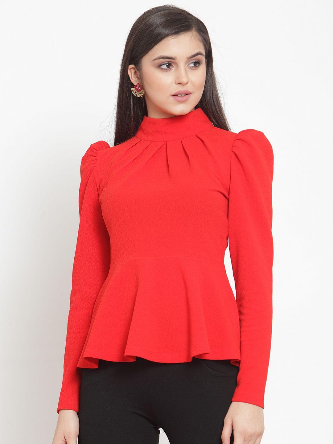 kassually red high neck peplum top