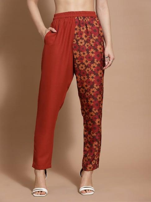 kassually rust floral print regular fit mid rise trousers