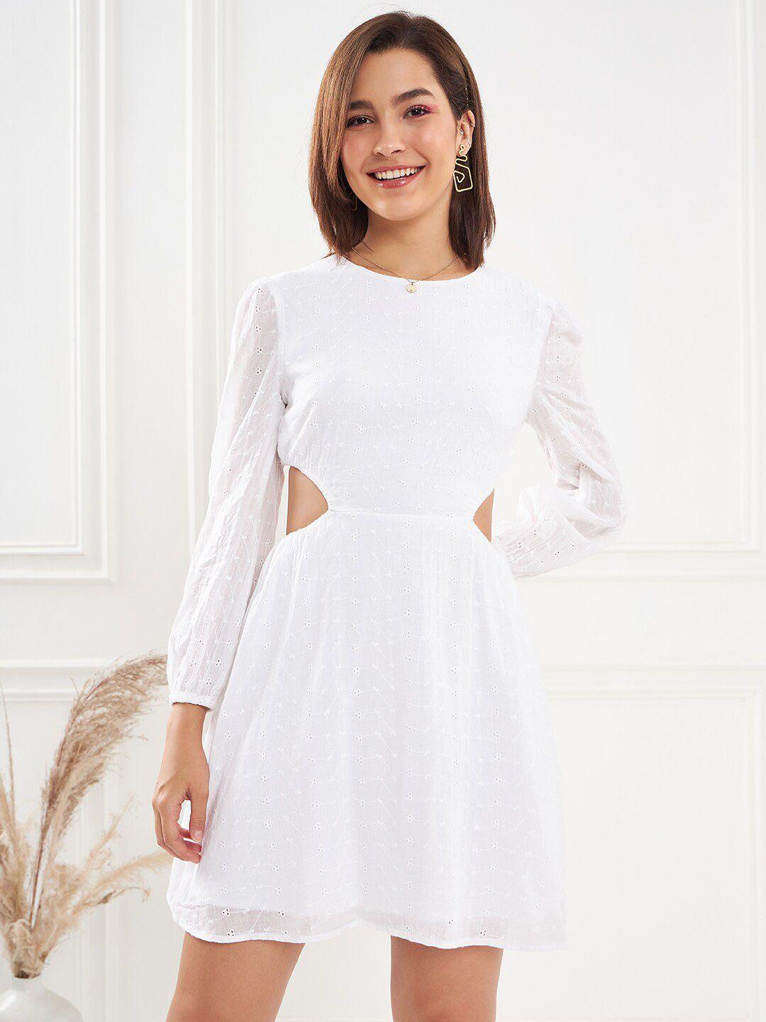 kassually self design puff sleeves cut outs schiffli fit & flare dress