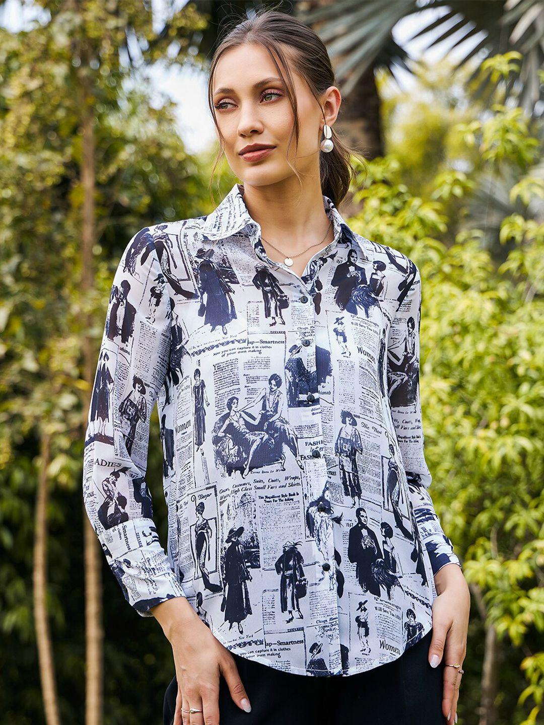 kassually sheer newspaper printed graphic high casual shirt