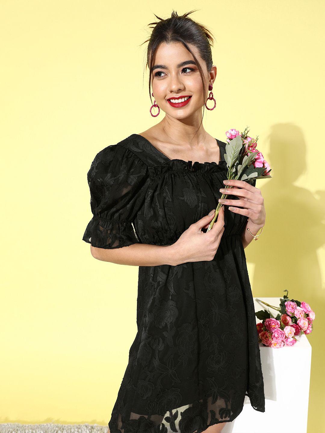 kassually stylish black floral puff sleeves dress