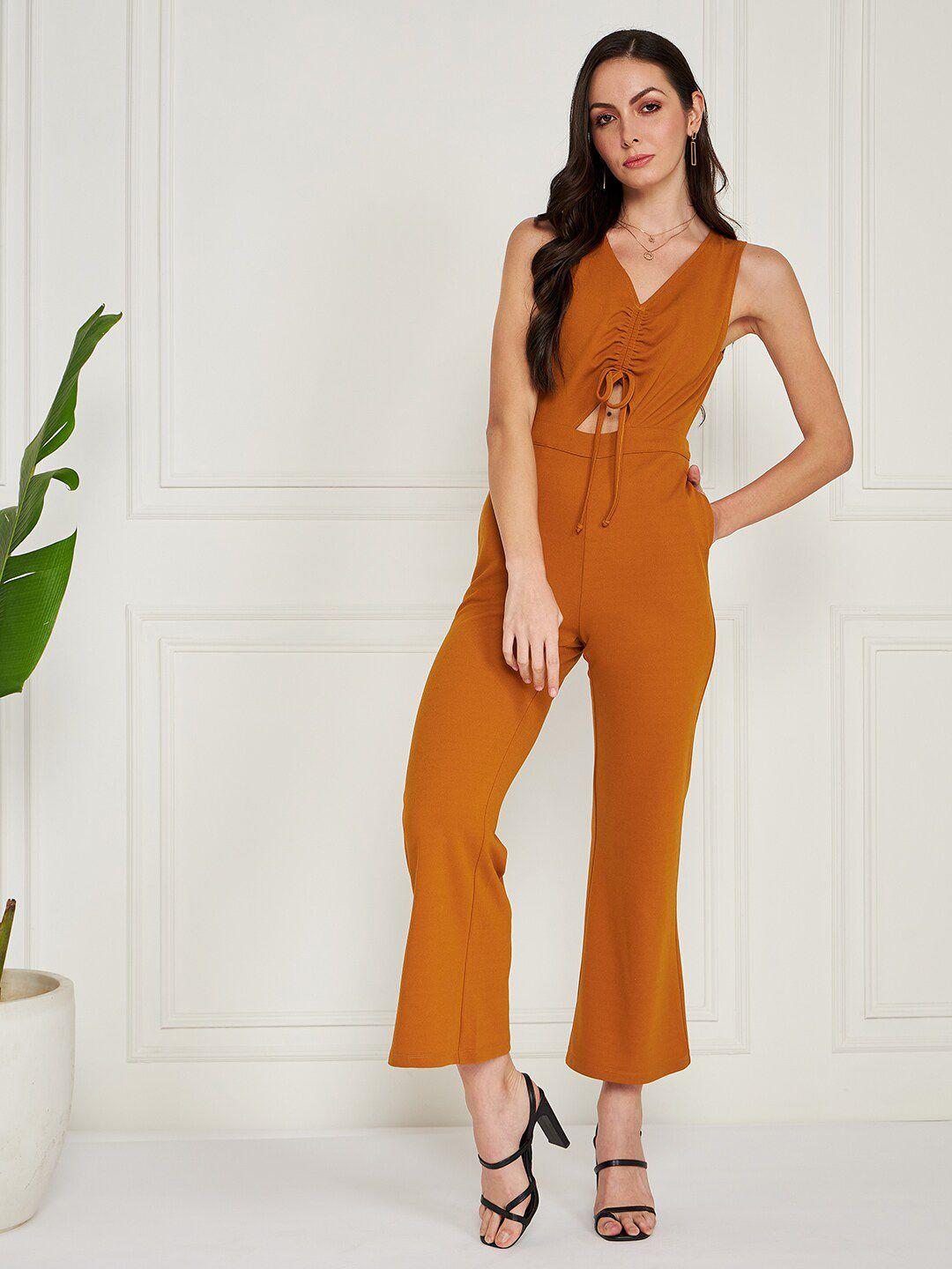 kassually tan front cut out ruched basic jumpsuit