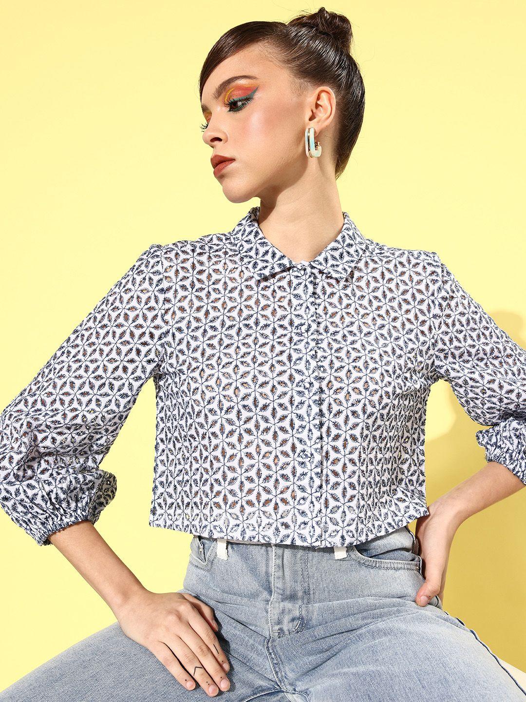 kassually white & blue schiffli embroidered shirt style crop top