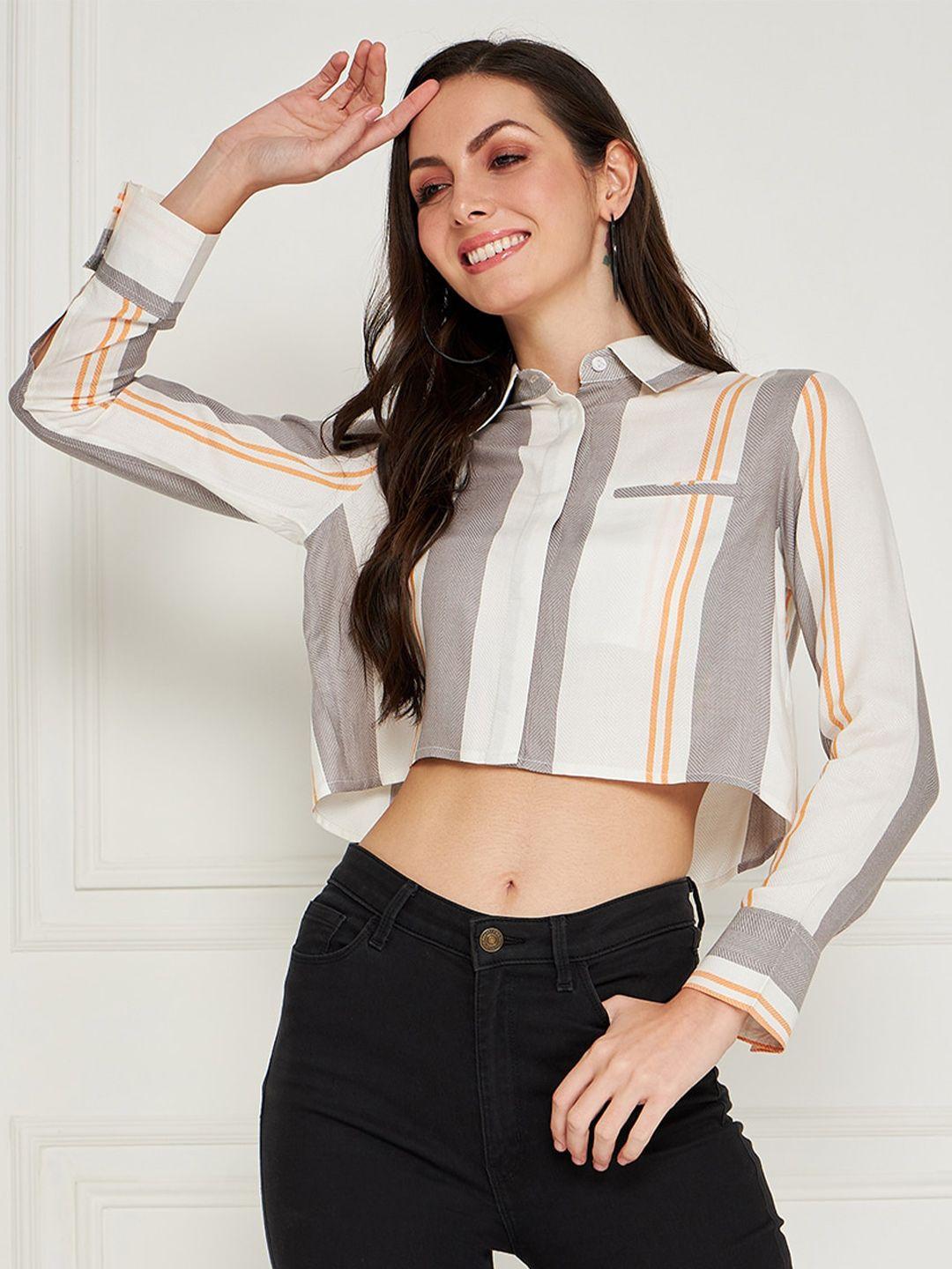 kassually white & grey striped spread collar casual crop shirt