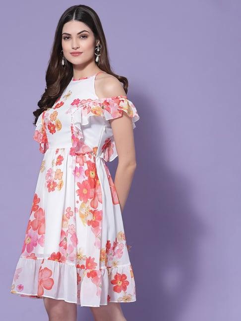 kassually white & pink floral print a line dress