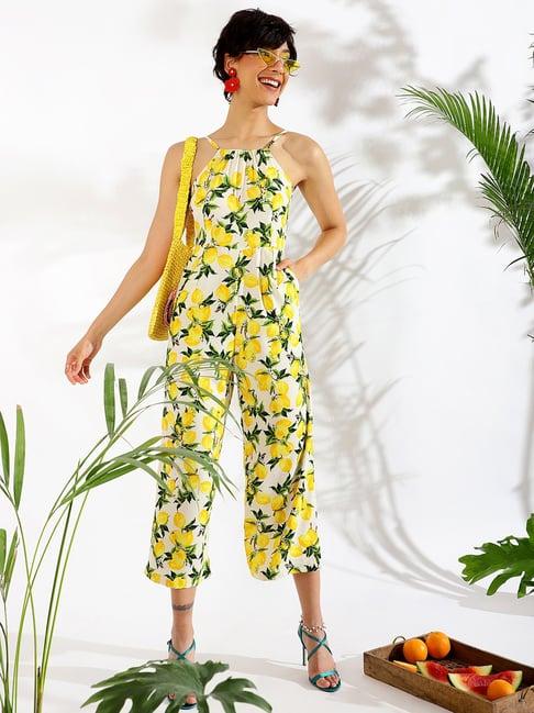 kassually white & yellow printed jumpsuit