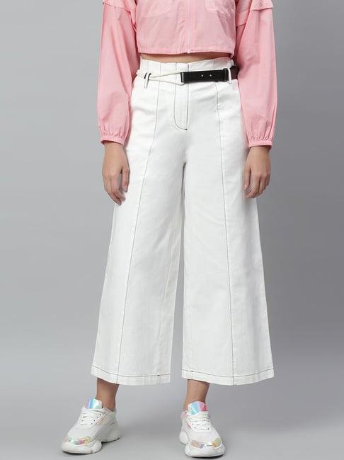 kassually white cotton relaxed fit mid rise trousers