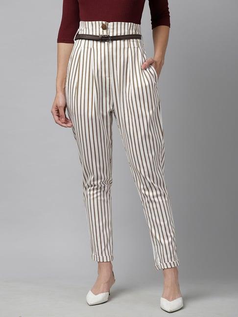 kassually white cotton striped high rise trousers