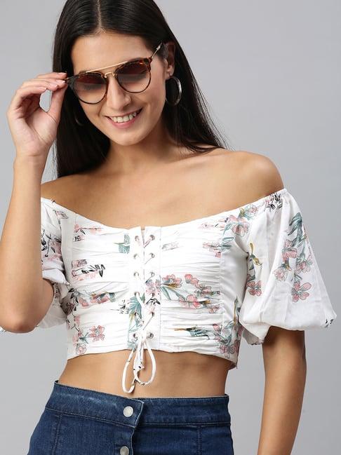 kassually white floral print crop top