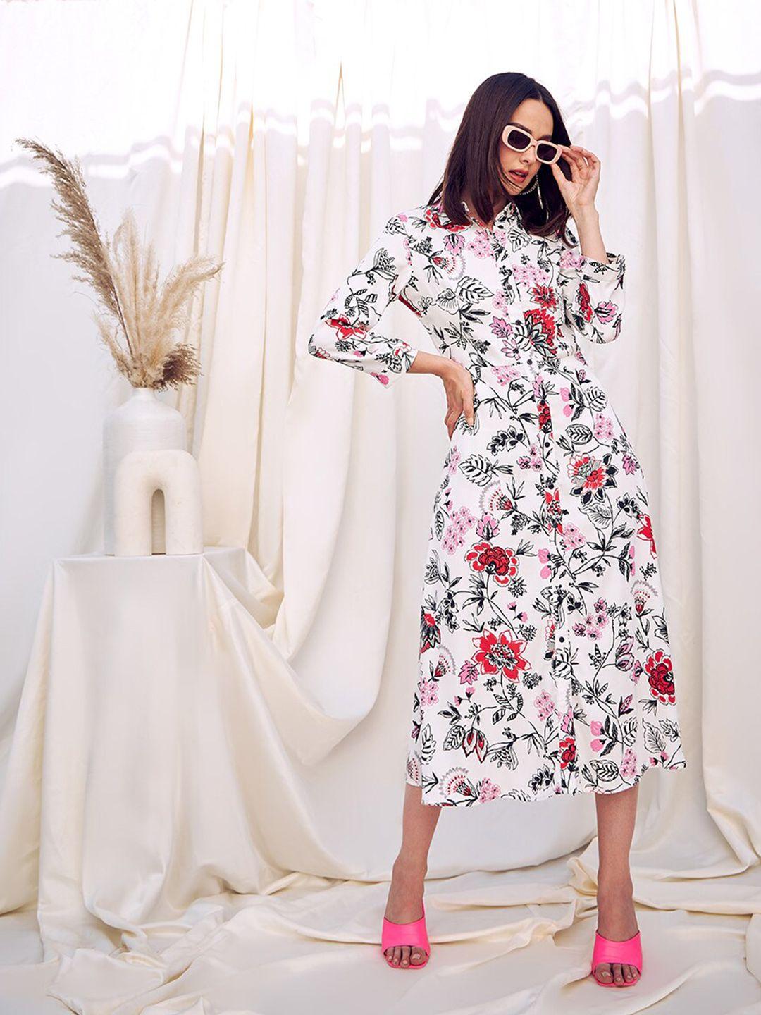 kassually white floral printed satin shirt midi dress