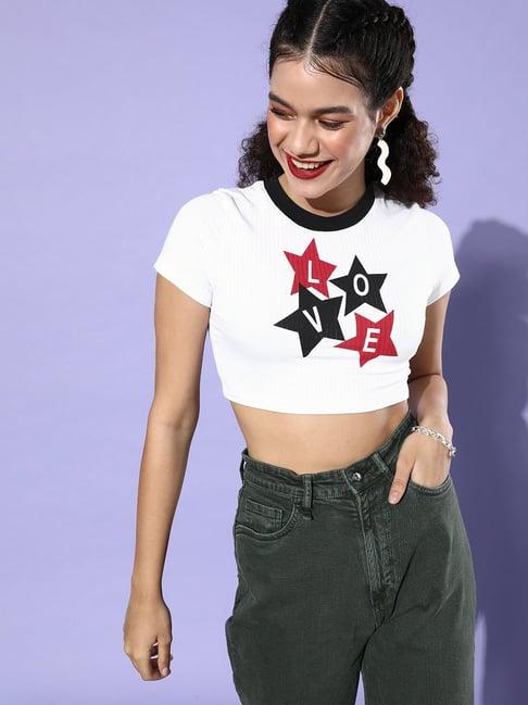 kassually white graphic print crop t-shirt