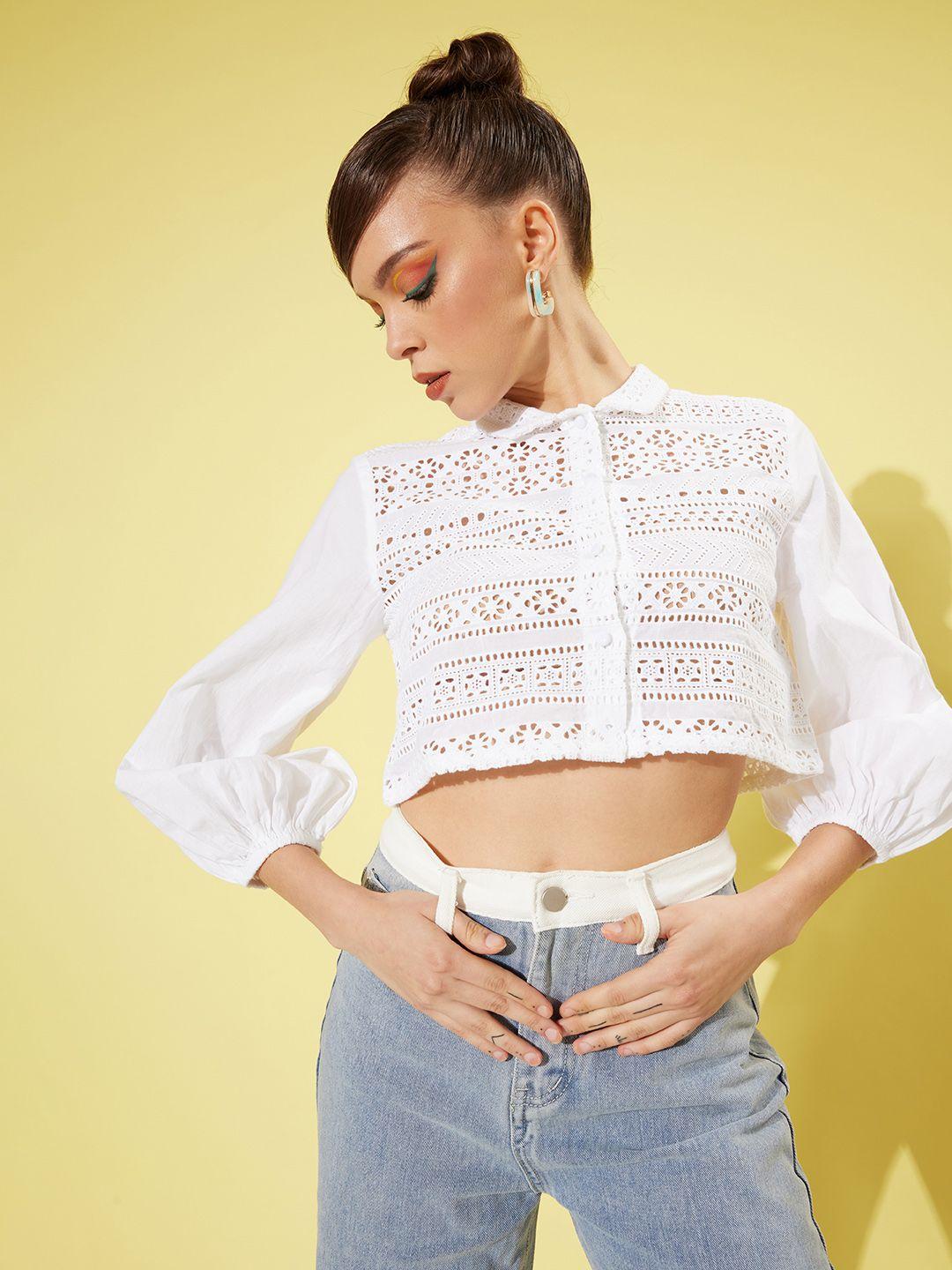 kassually white schiffli embroidered shirt style crop top