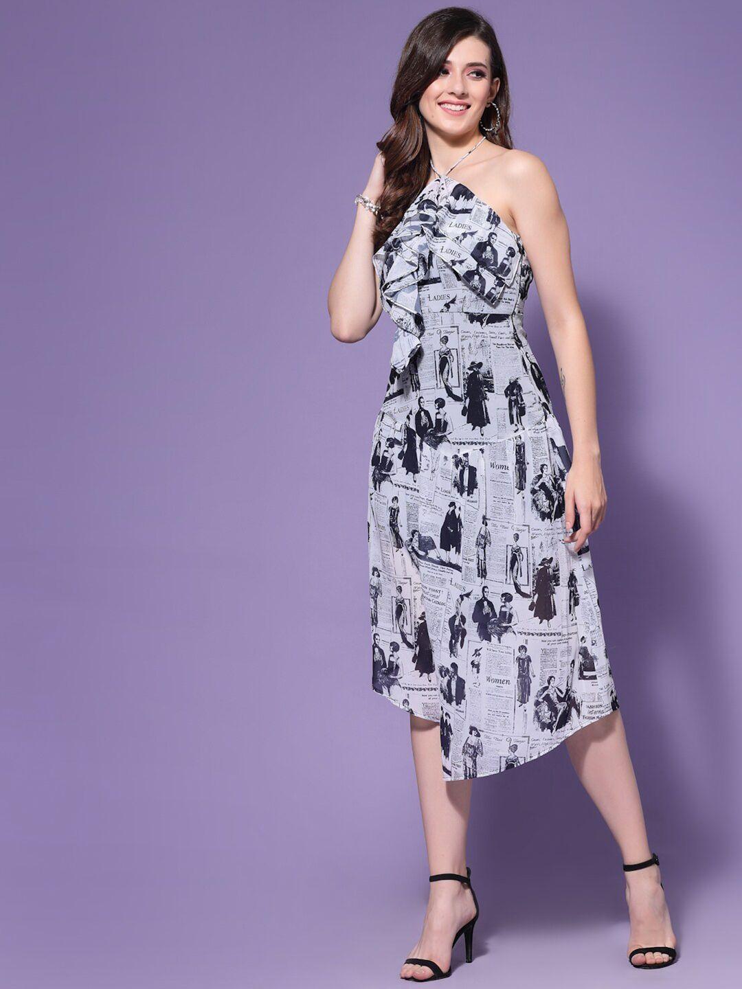 kassually white typography printed halter neck layered georgette midi dress