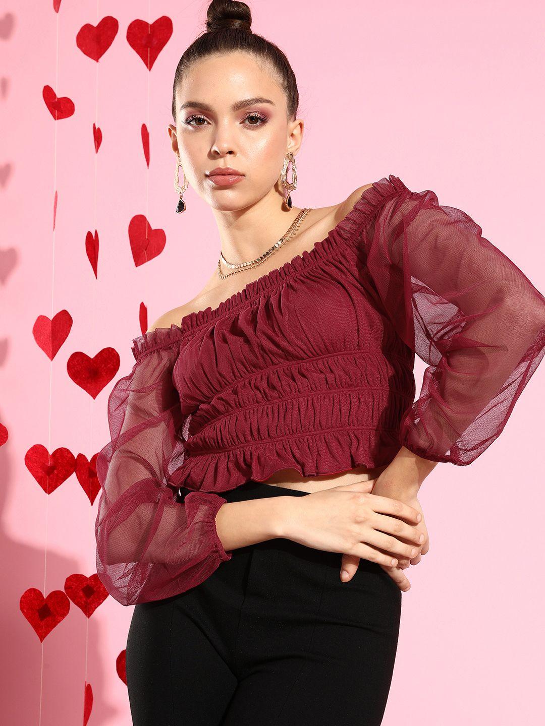 kassually women attractive maroon solid smocked top