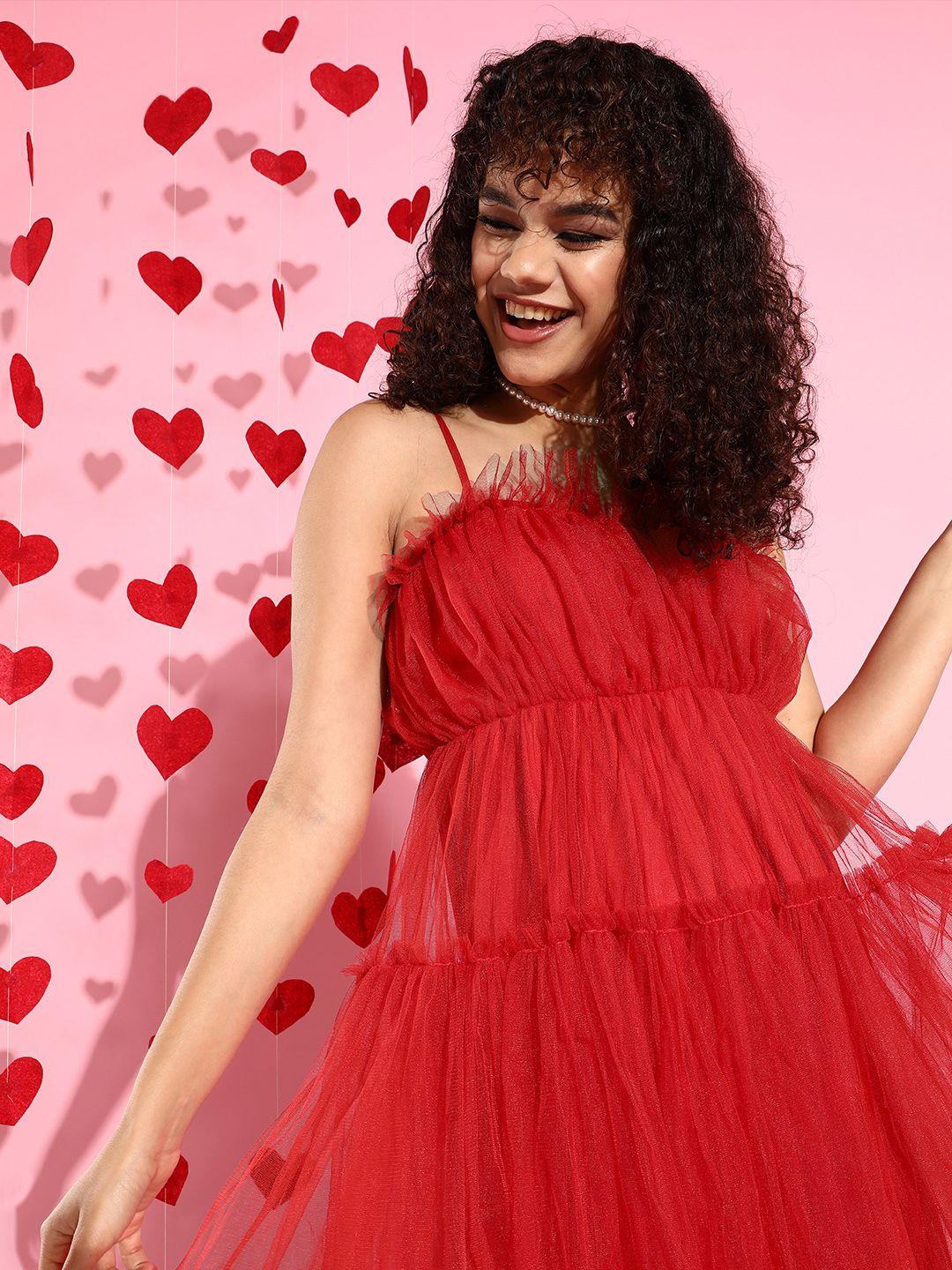 kassually women attractive red solid tulle dress