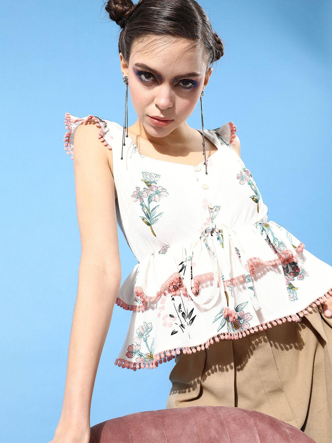 kassually women beautiful off-white floral volume play top