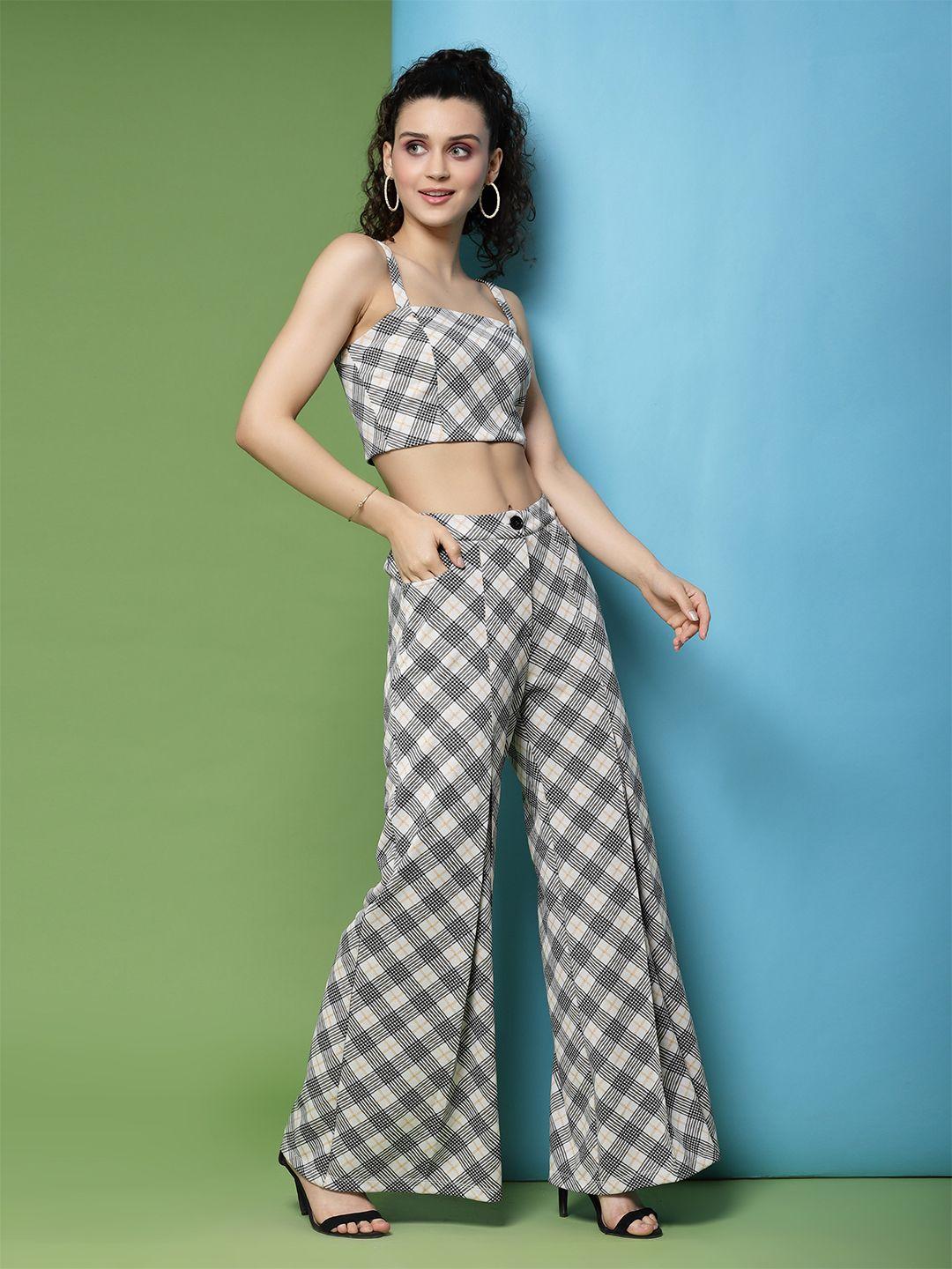 kassually women beige & black checked top with palazzos
