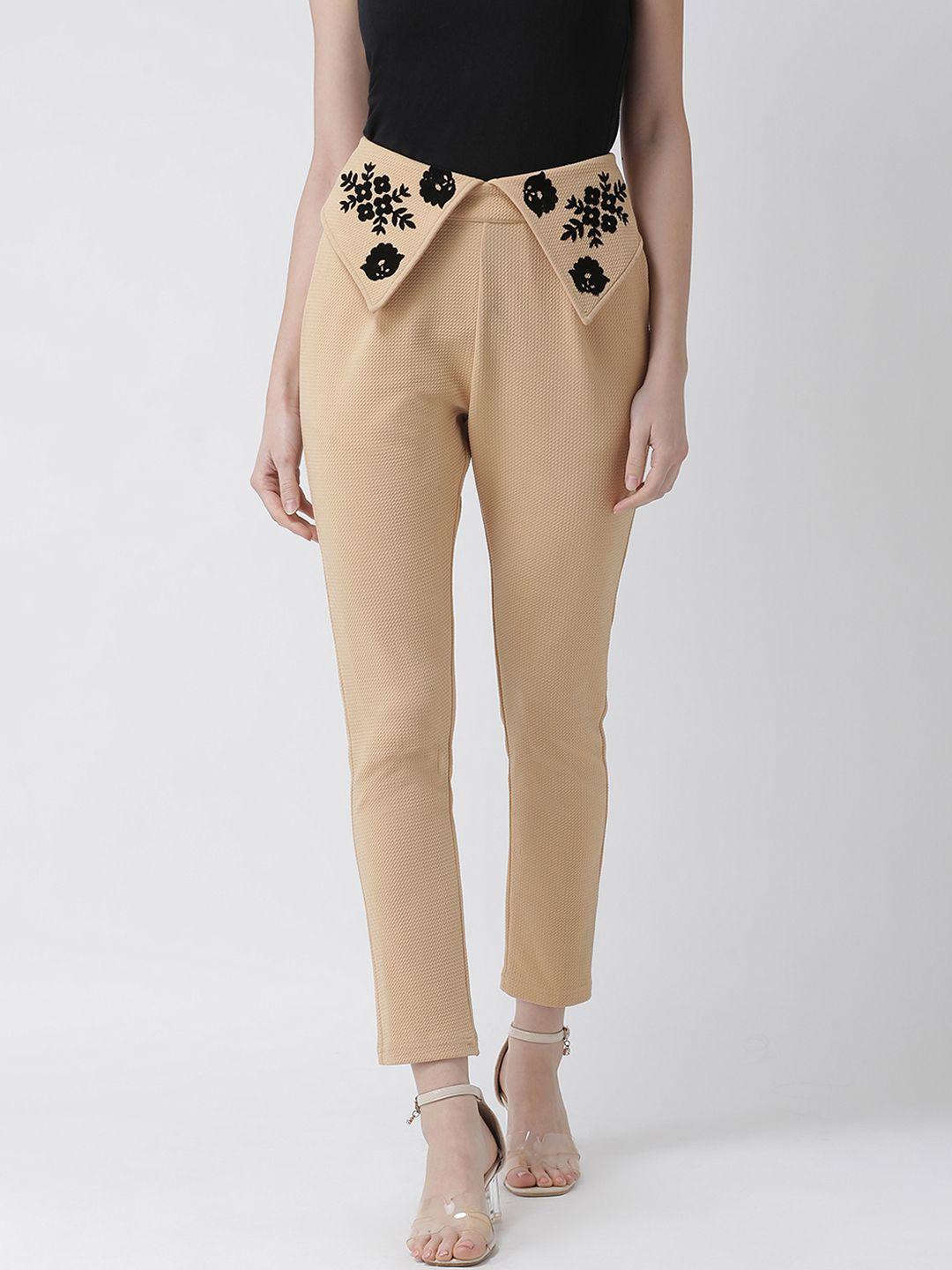 kassually women beige & black regular fit self design cigarette trousers