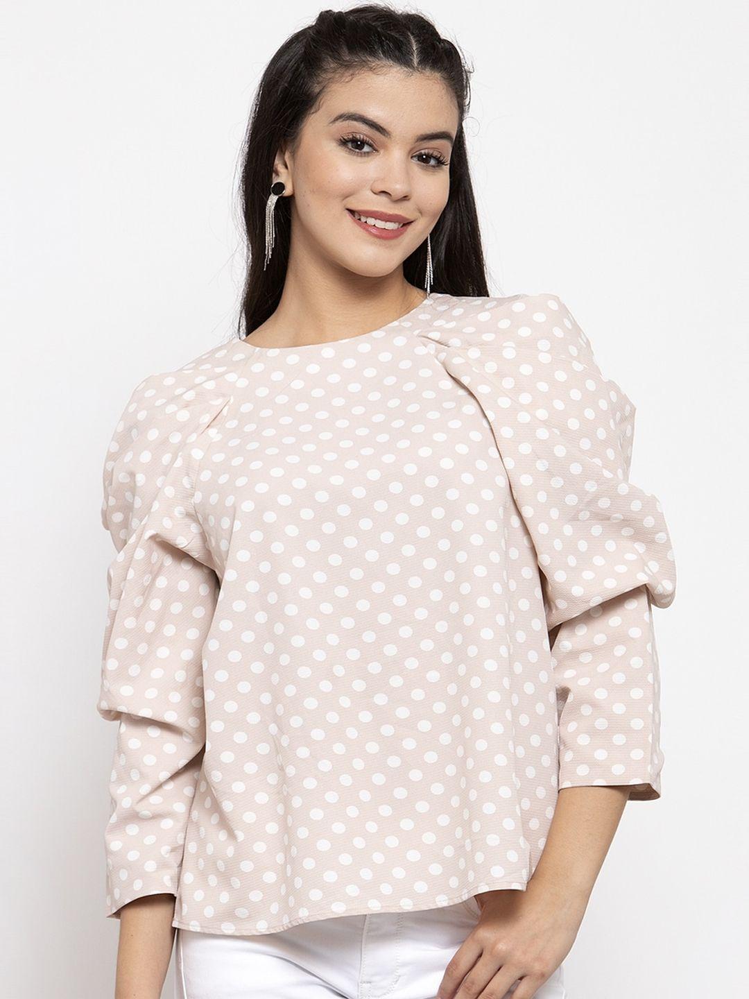 kassually women beige & white polka dots printed a-line top