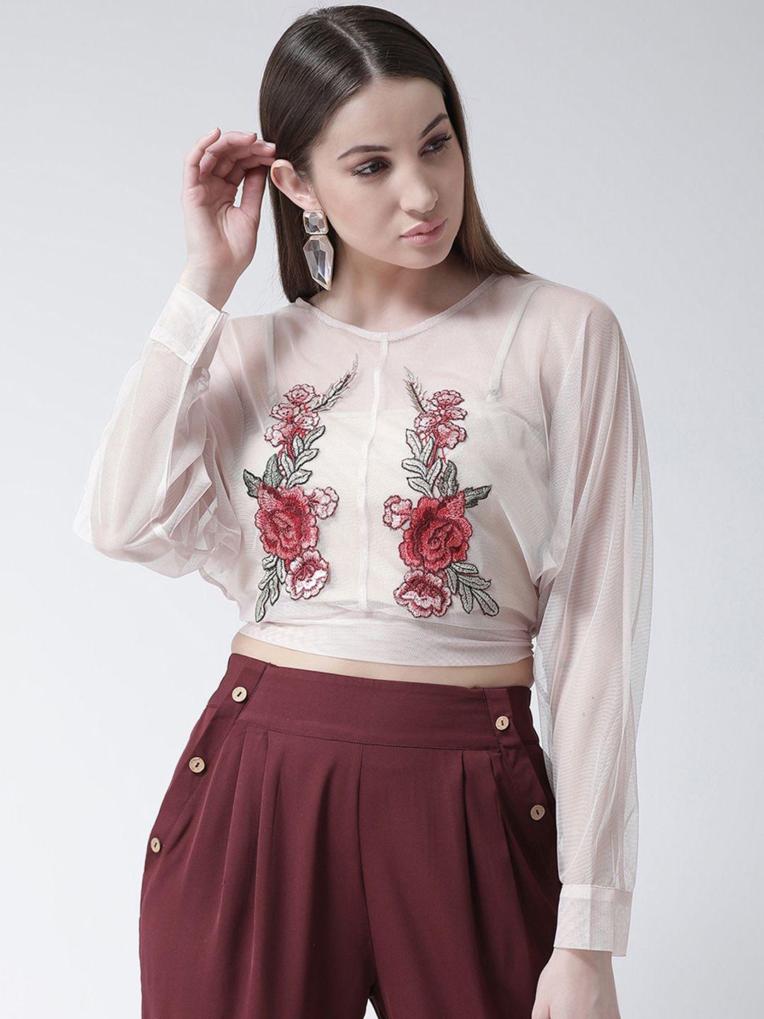 kassually women beige floral embroidered styled back top