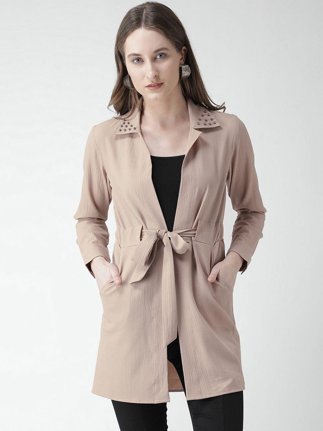 kassually women beige solid tie-up shrug