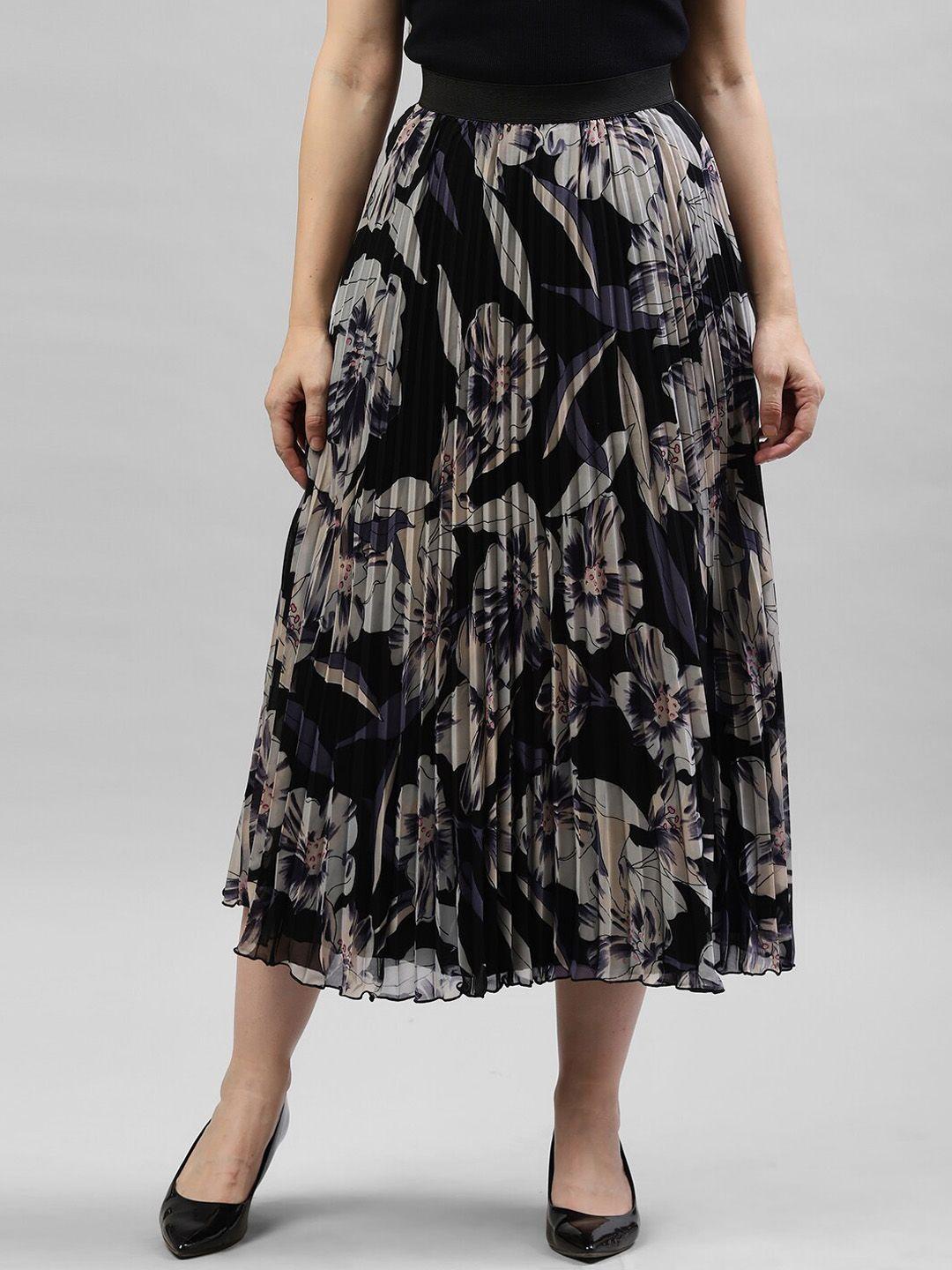 kassually women black & beige printed flared midi skirt