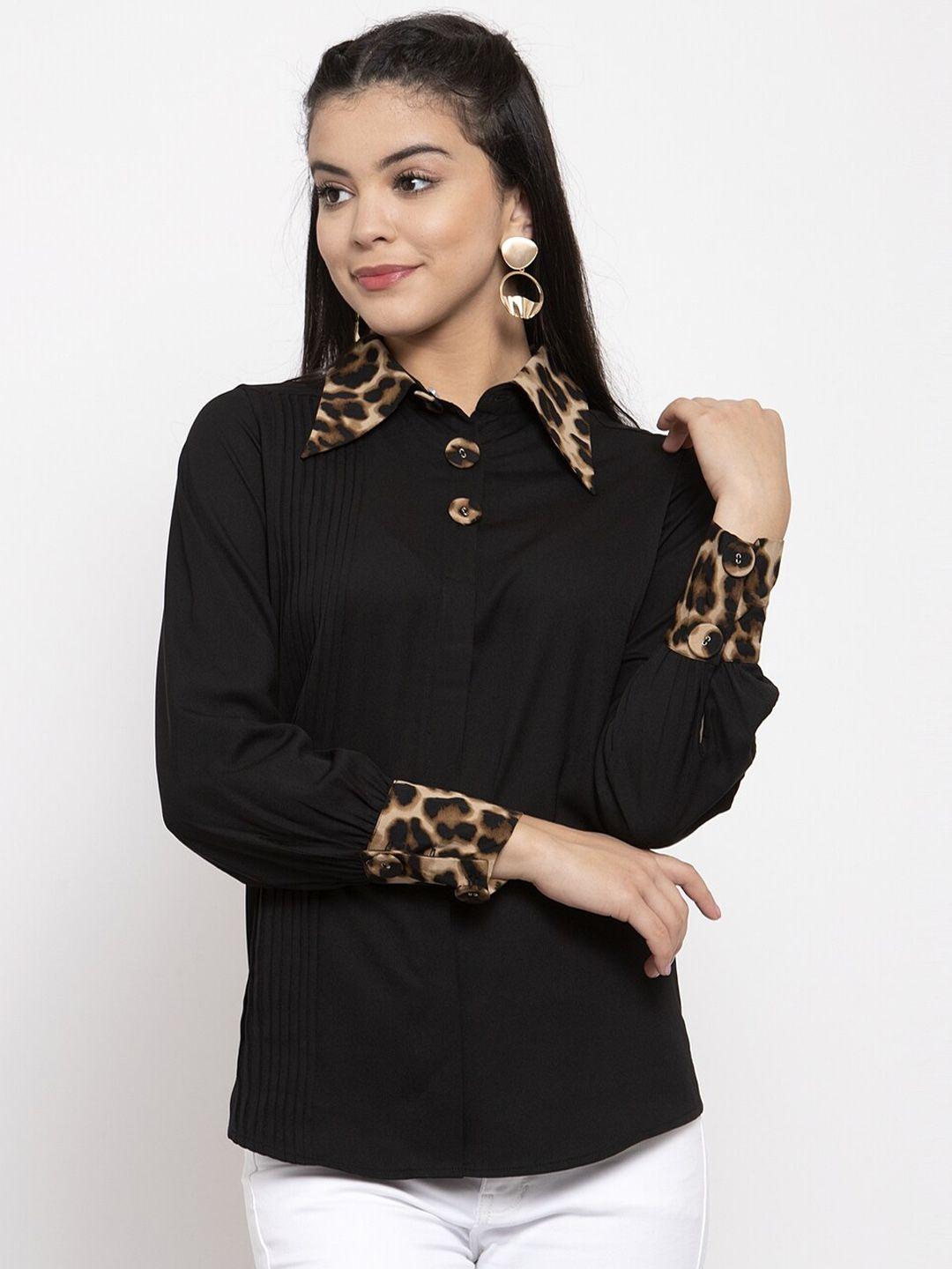 kassually women black & beige slim fit animal print casual shirt