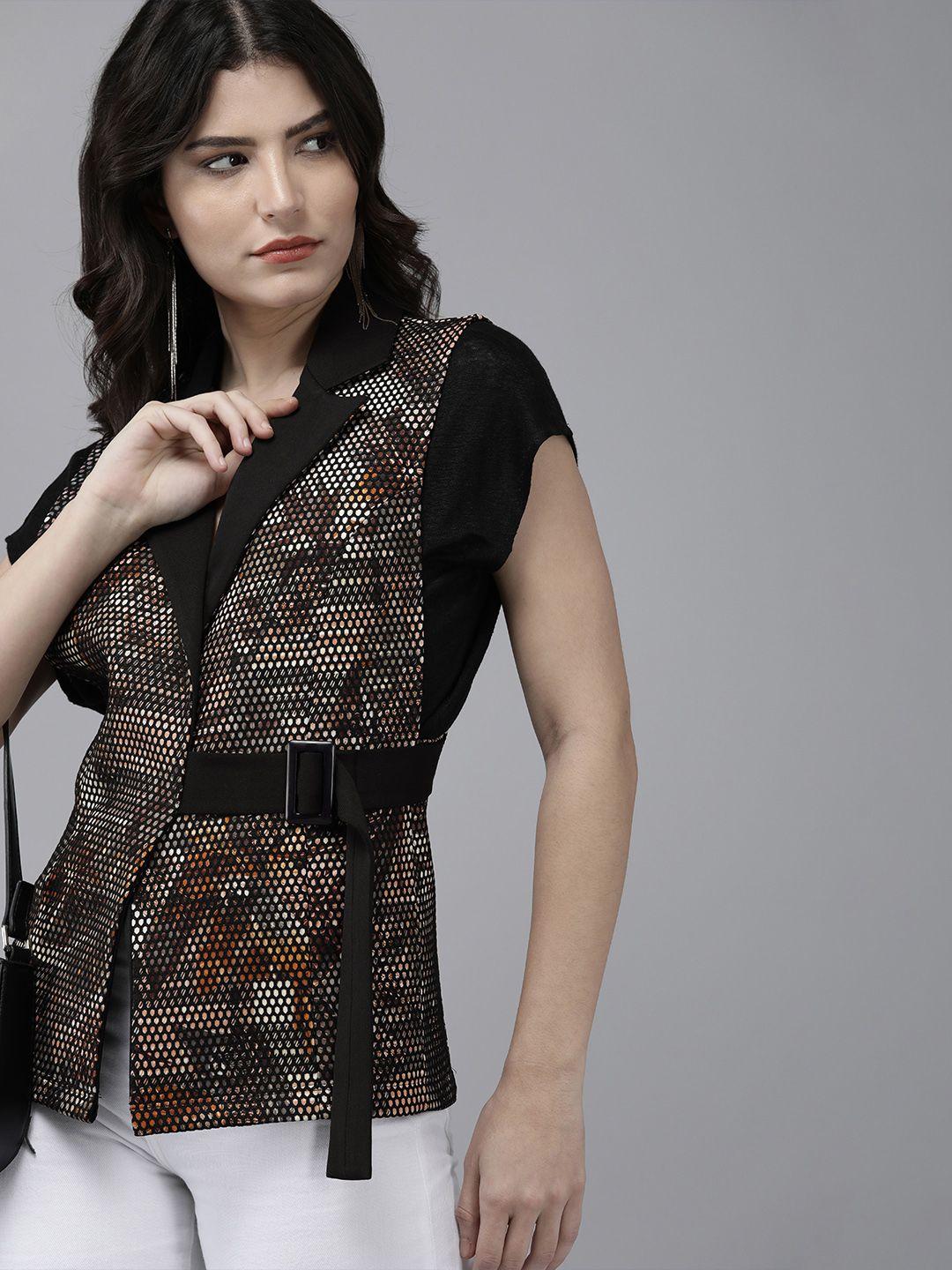 kassually women black & brown self-designed knotted waistcoat