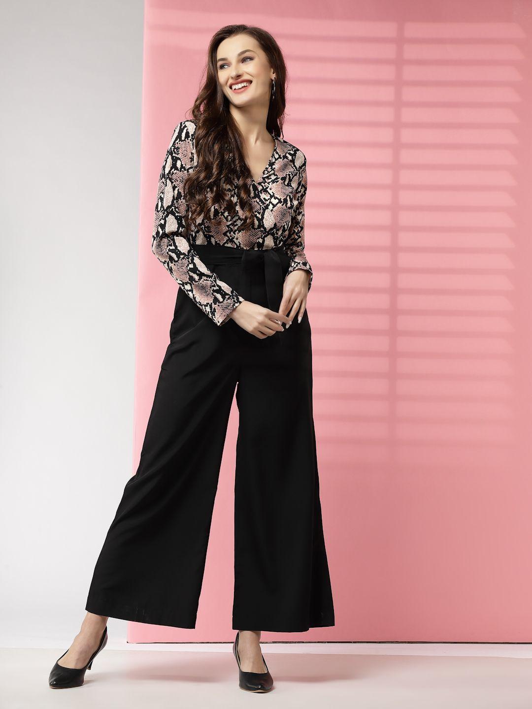 kassually women black & pink printed basic jumpsuit