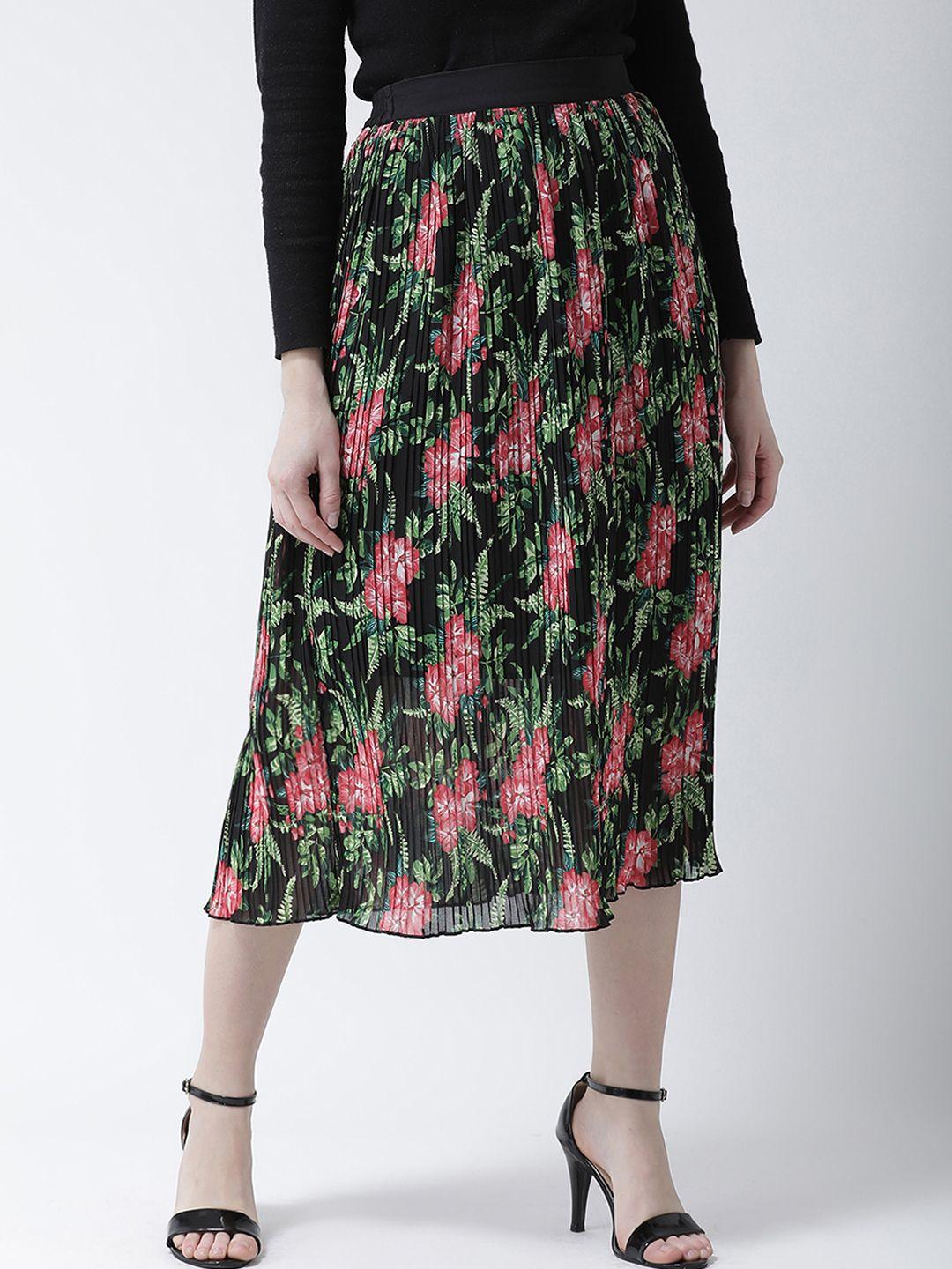 kassually women black & red floral printed pleated a-line midi skirt