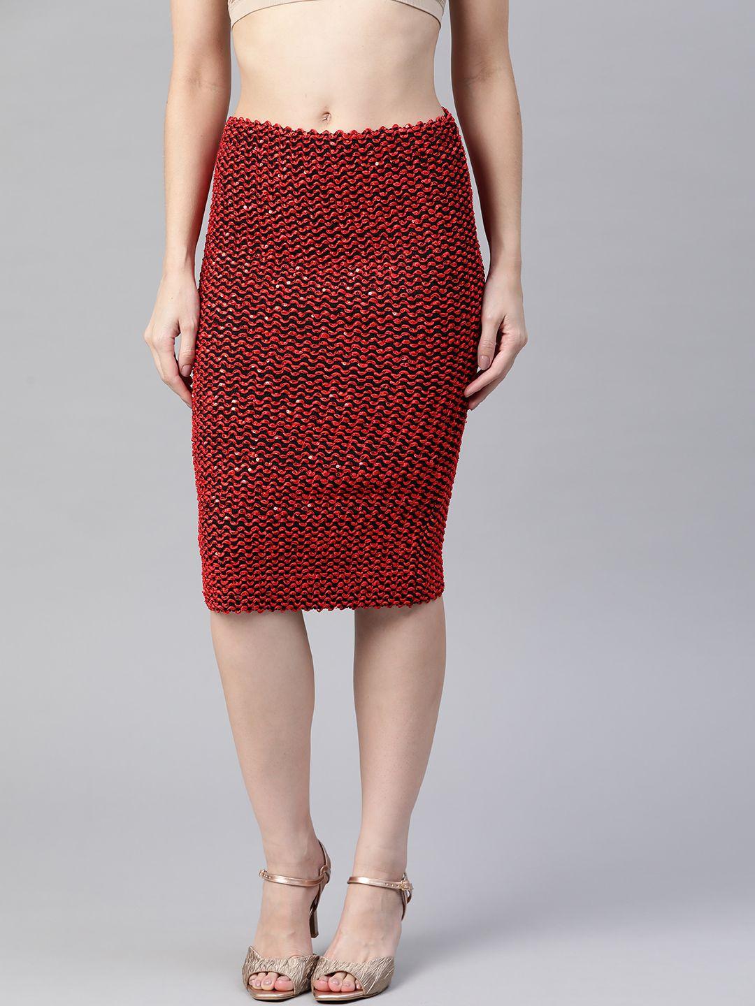 kassually women black & red self design sequence pencil skirt