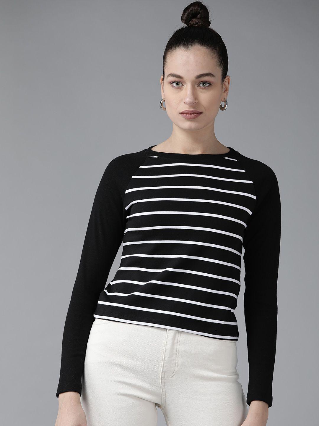 kassually women black & white round neck pure cotton regular top